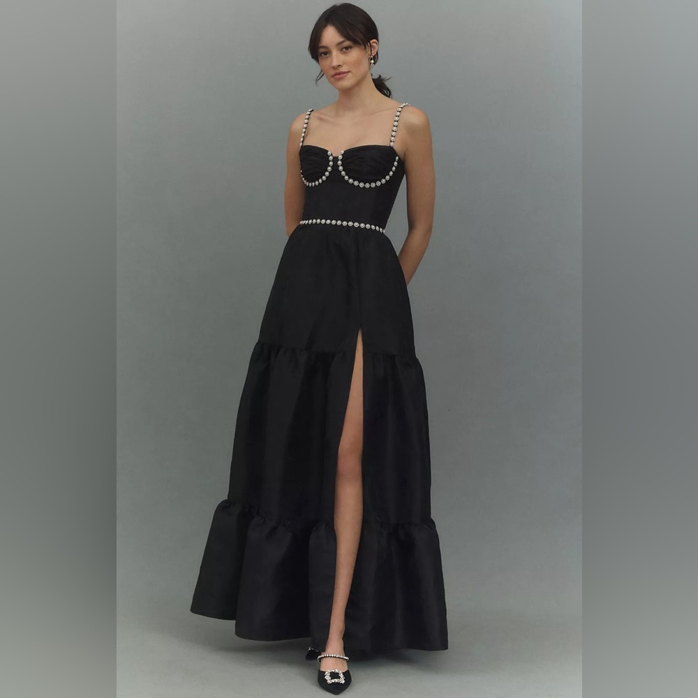 V. Chapman Black Pearl-Trim Prom Gown